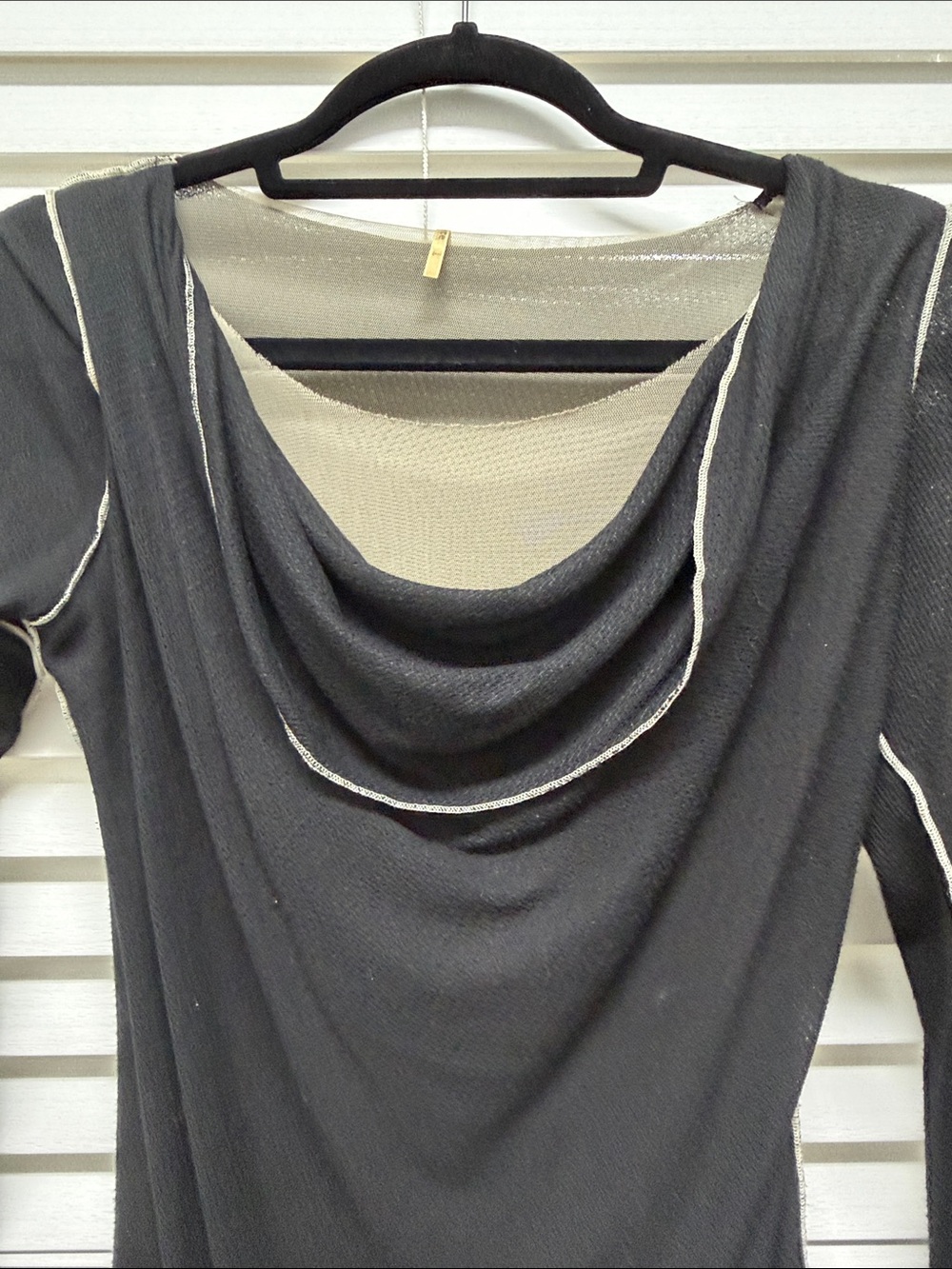 Pete Black Draped Cowl Neck Long Sleeve Top with Cream Trim - Picture 2 of 6